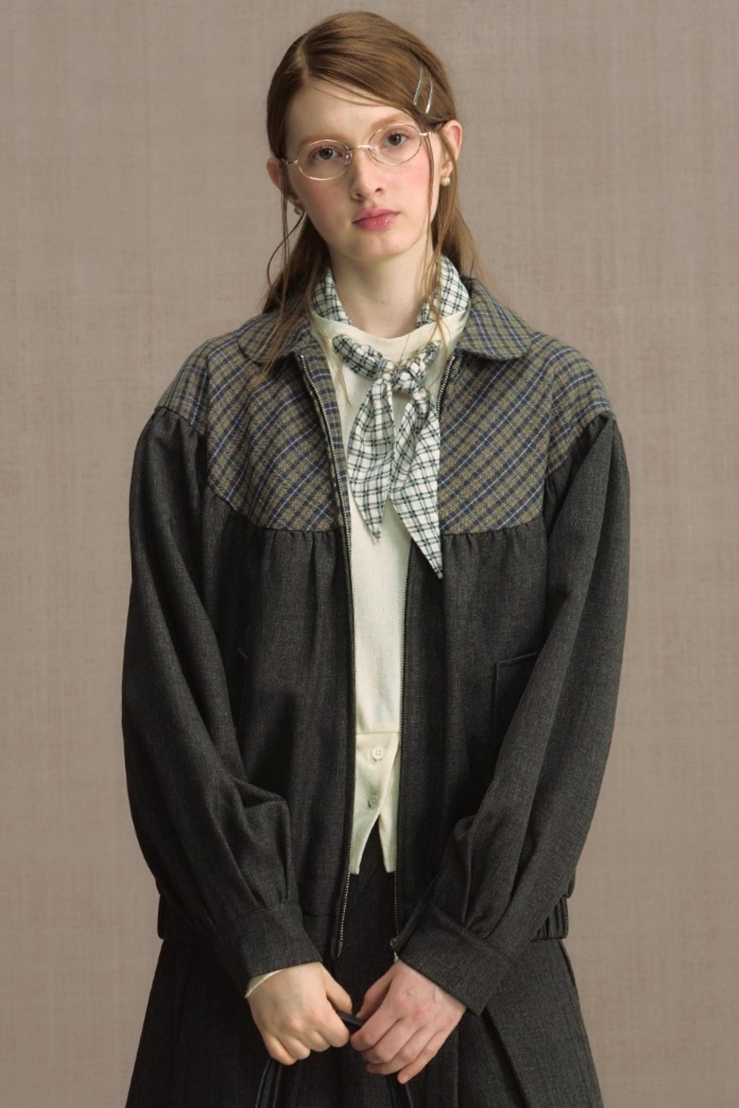 Retro Gray Plaid Cropped Jacket Set-Up