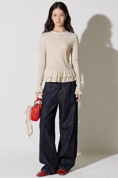 Romantic Polka Dot Long-Sleeved T-shirt