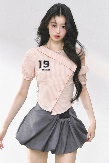 Pink Off Shoulder Stripe T-Shirt