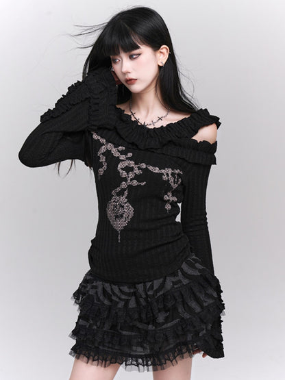 Ghost girl early autumn wear sweet and spicy chic top, black off-the-shoulder knit top, women's long sleeves, beautiful one-shoulder