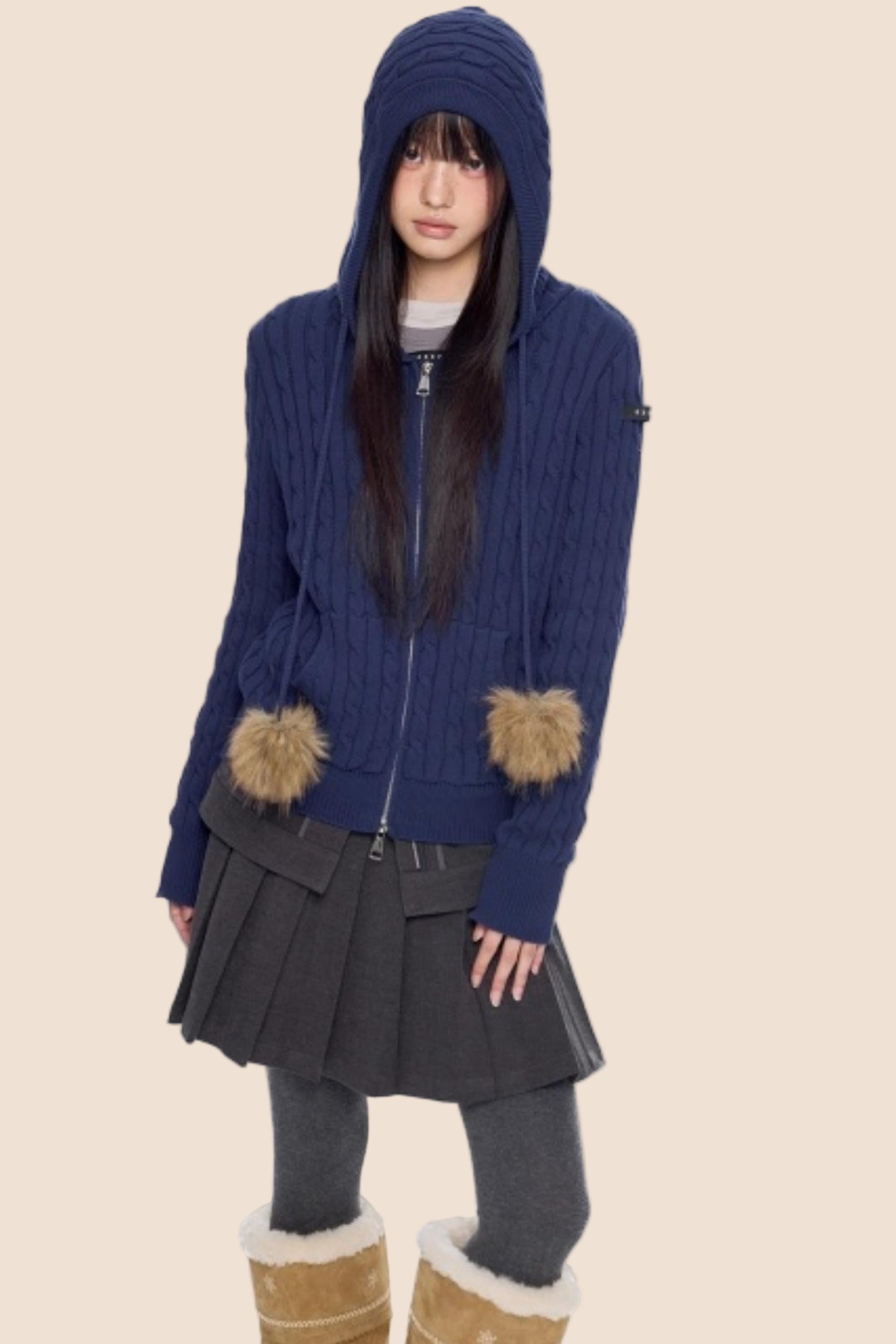 Furball Twisted Knit Hooded Cardigan