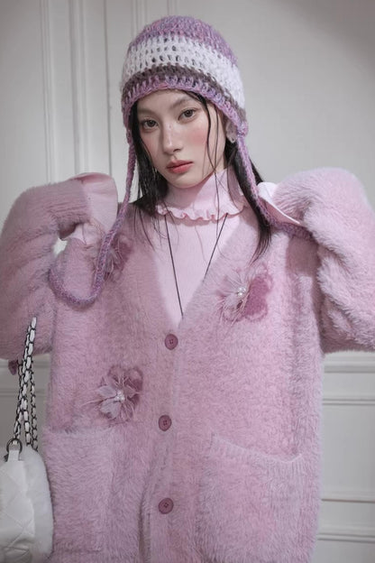 Pink Feather Flower Cardigan