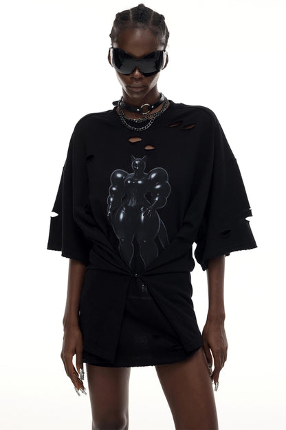 Cat Print Waist Black T-Shirt