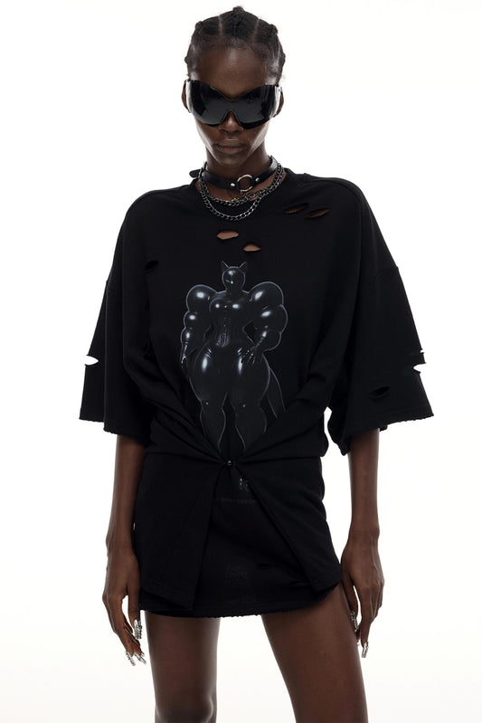 Cat Print Waist Black T-Shirt