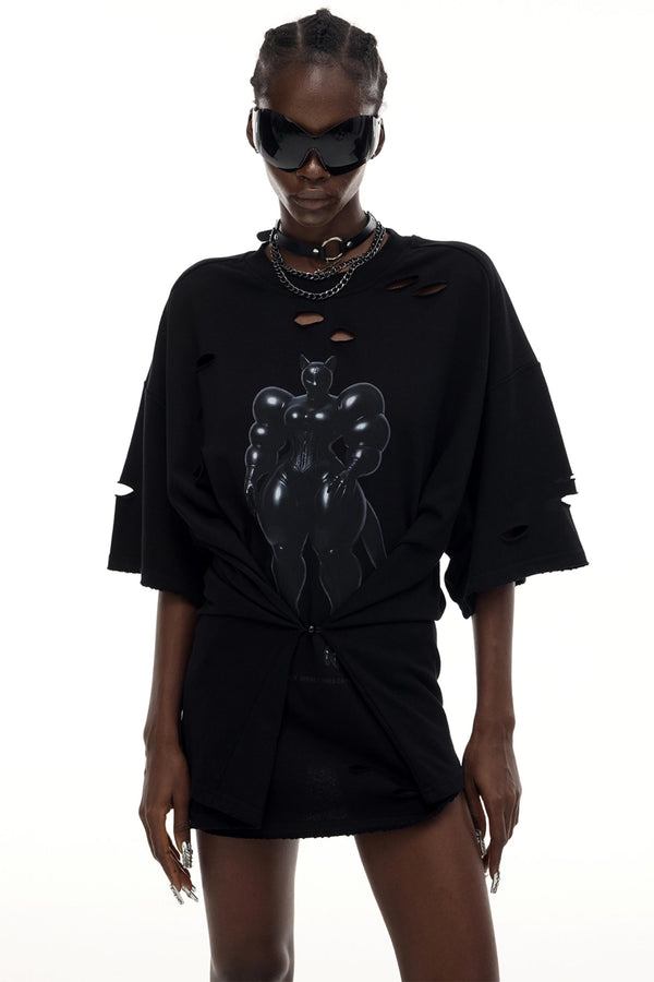 Cat Print Waist Black T-Shirt