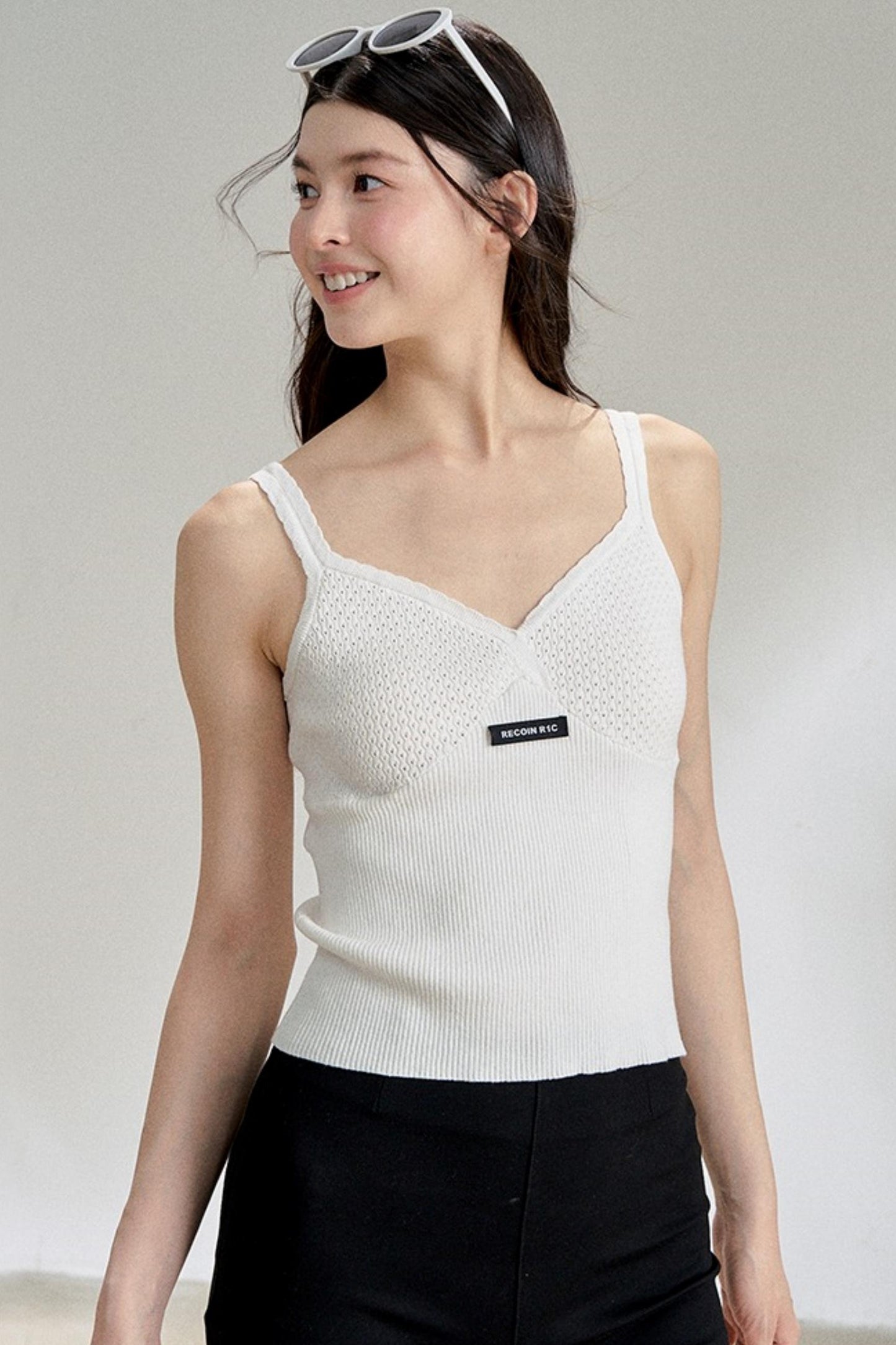Textured White V-Neck Knitted Suspender Top