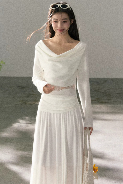 White Lace Cutout Draped Top Set-Up