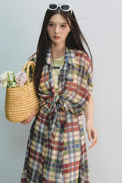 Plaid Tie Top & Midi Skirt Set-Up