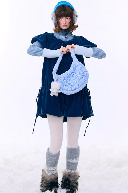 Deep Blue Velvet Bow Dress