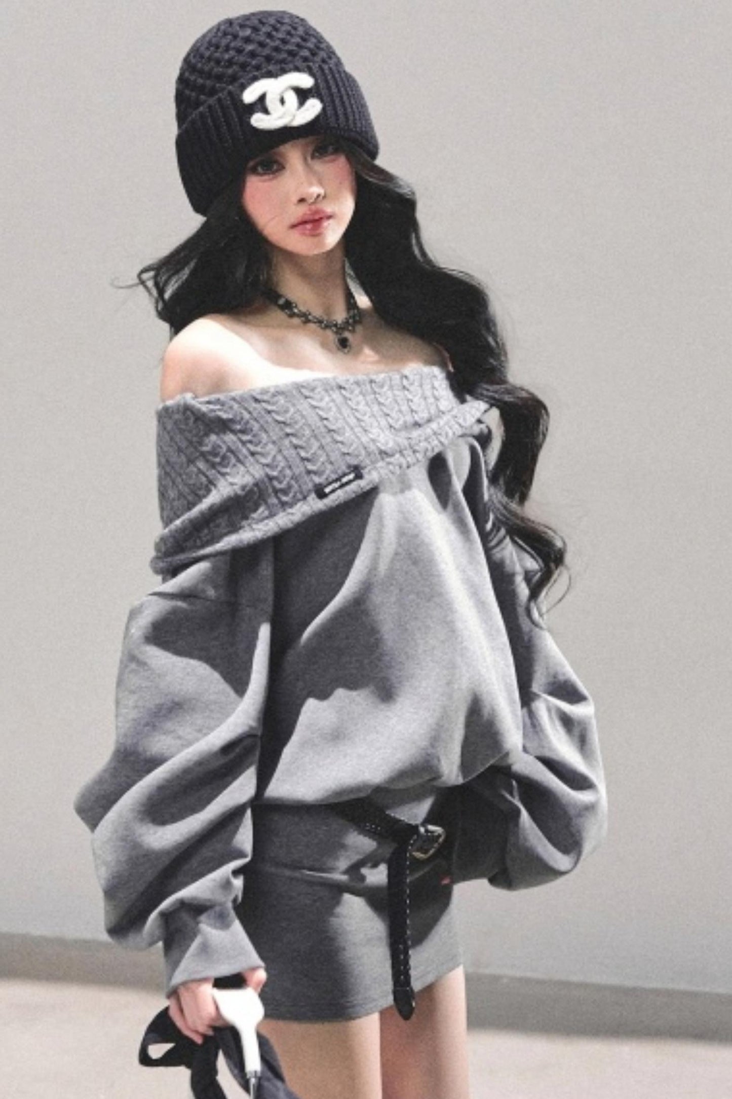 One Shoulder Grayscale Sweatshirt Dress