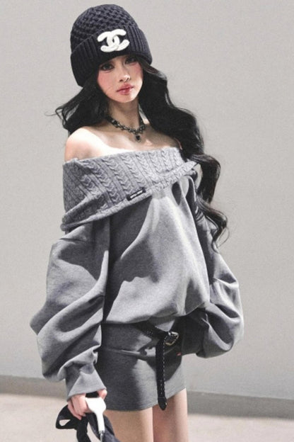 One Shoulder Grayscale Sweatshirt Dress