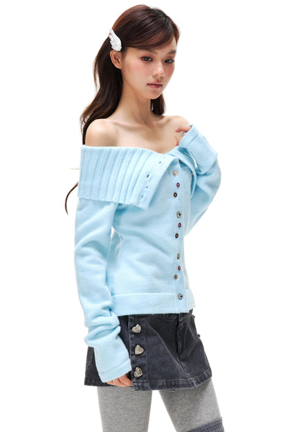 Colorful Button Off-Shoulder Knit Sweater