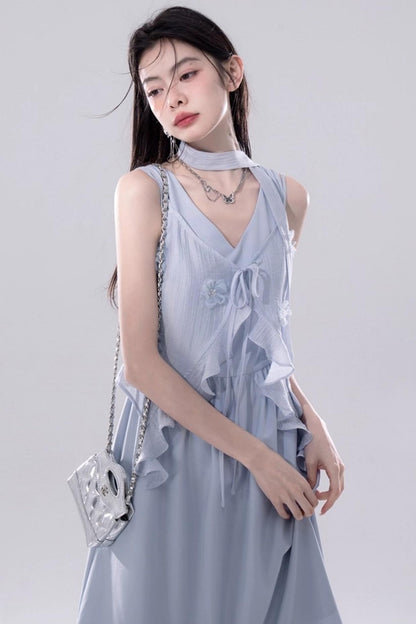 Romantic Blue Flower Cardigan Skirt Set