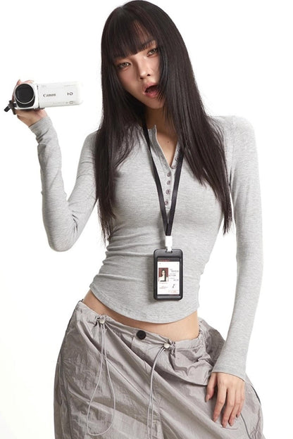 Button Knit Crew Neck T-Shirt