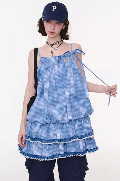 Summer Blue Plaid Lace Dress