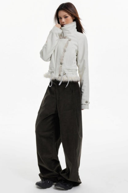 Plush Collar Slim Zippered Jacket