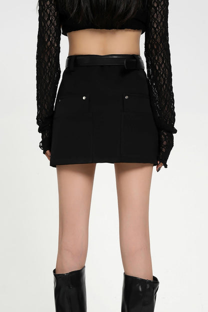 Black Front Zipper A-Line Mini Skirt