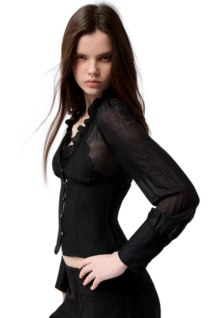 Dark Girl Ruffled Shirt Slim Set-Up