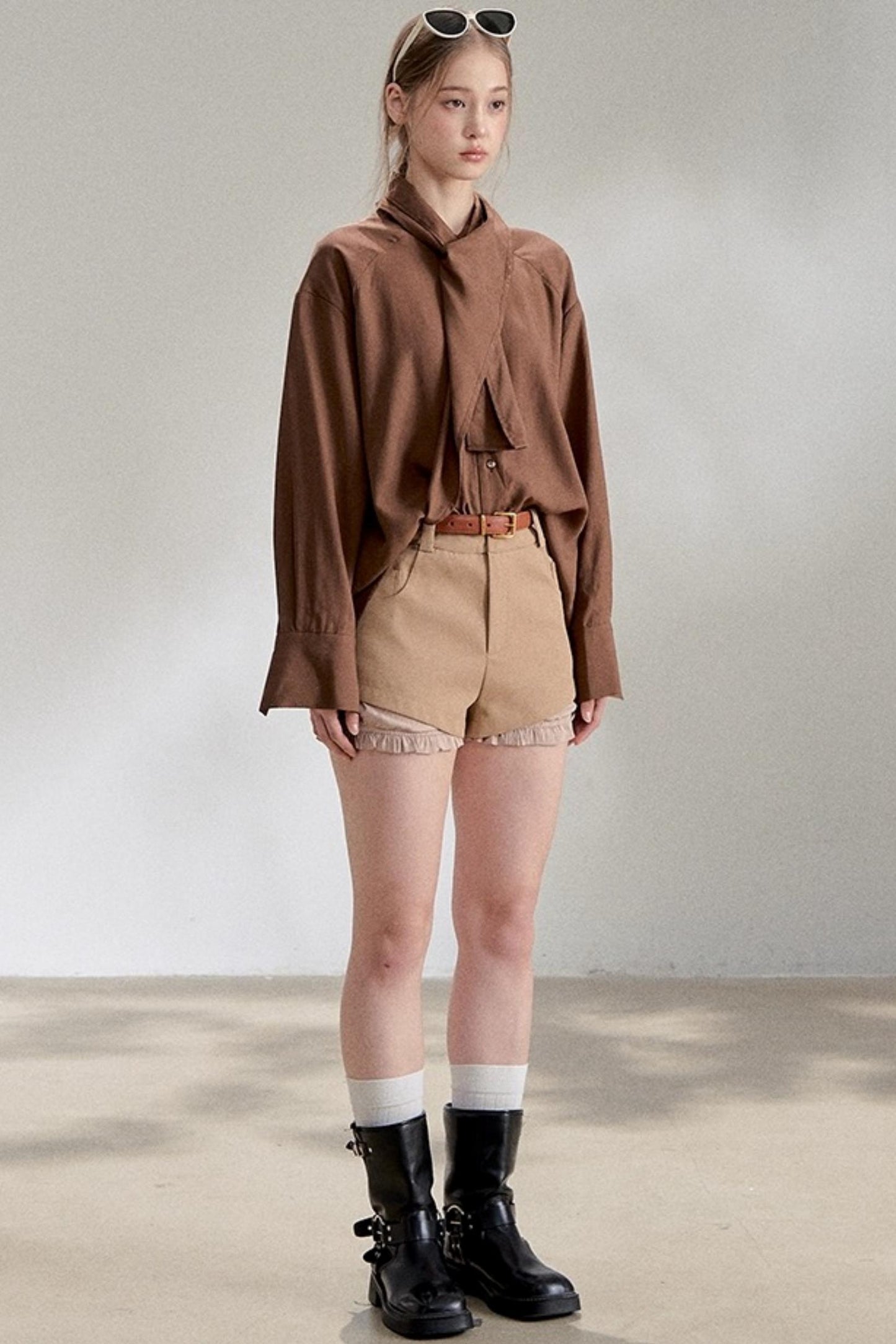 Yellow Lace-up Stand Collar Shirt