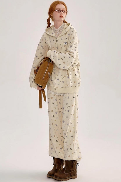 Floral Hooded Sweatshirt Cardigan Set-Up