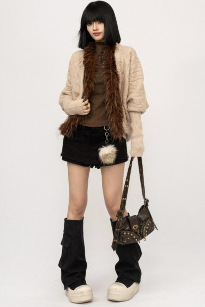 Fur Collar Knitted Cardigan