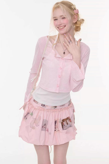 Bell-Sleeved Pink Knitted Cardigan