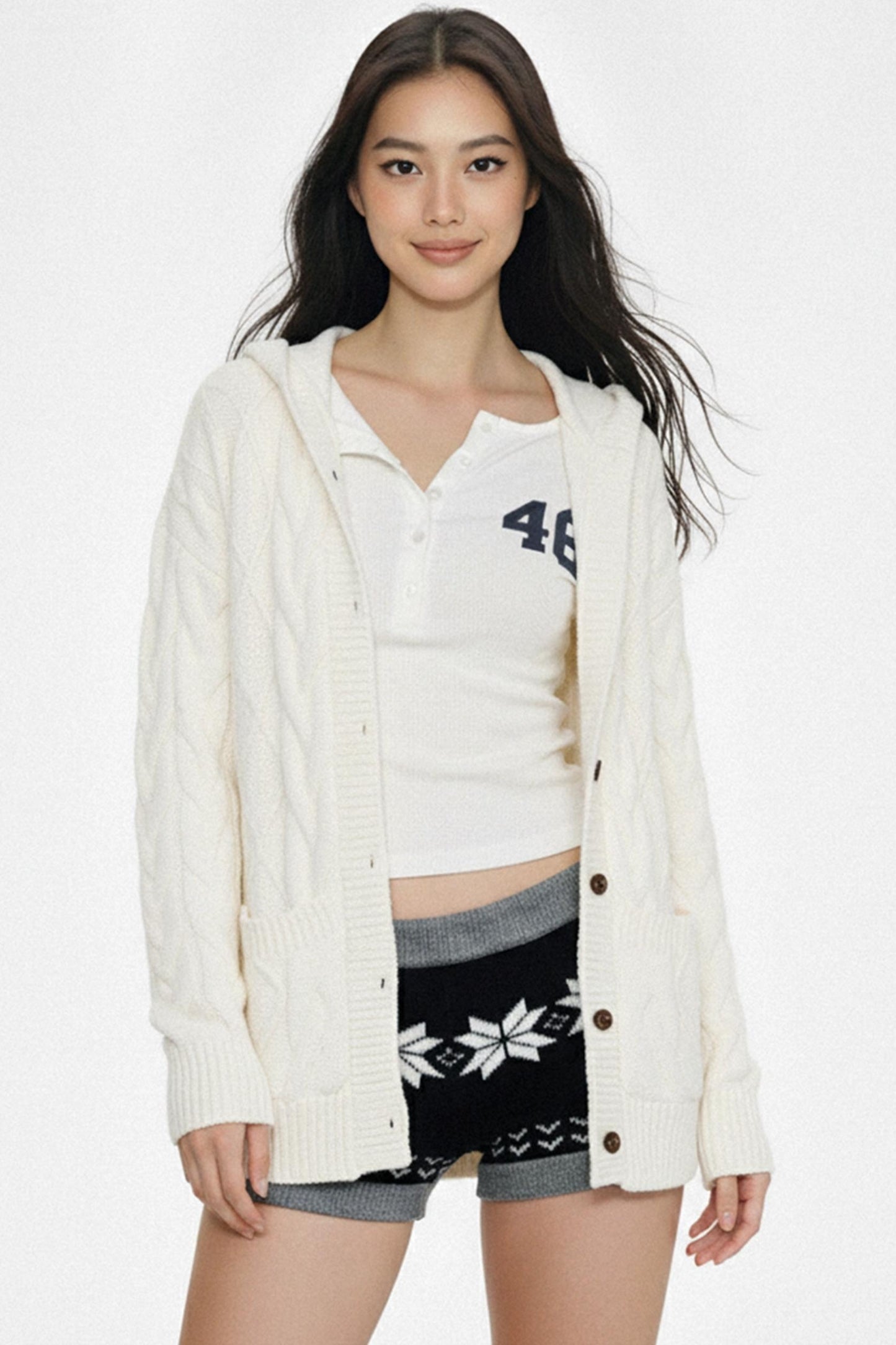 White Twist-Knit Hooded Cardigan