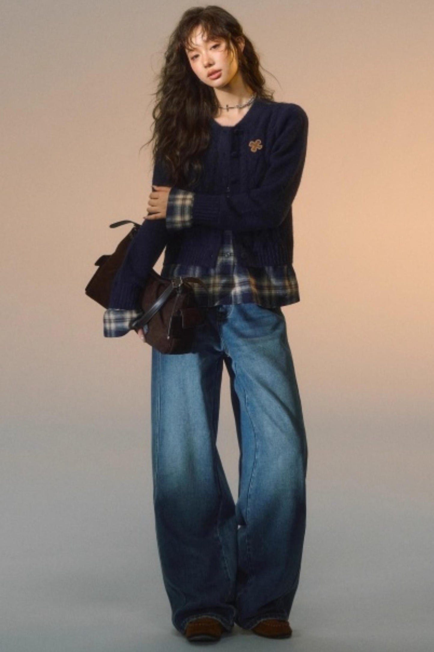 Plaid Patchwork Knit Cardigan