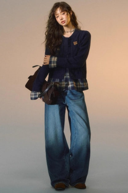 Plaid Patchwork Knit Cardigan