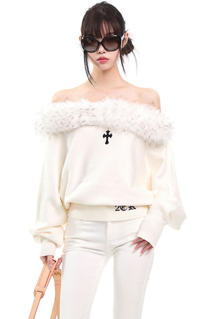 Off-Shoulder Fur Collar Sweater
