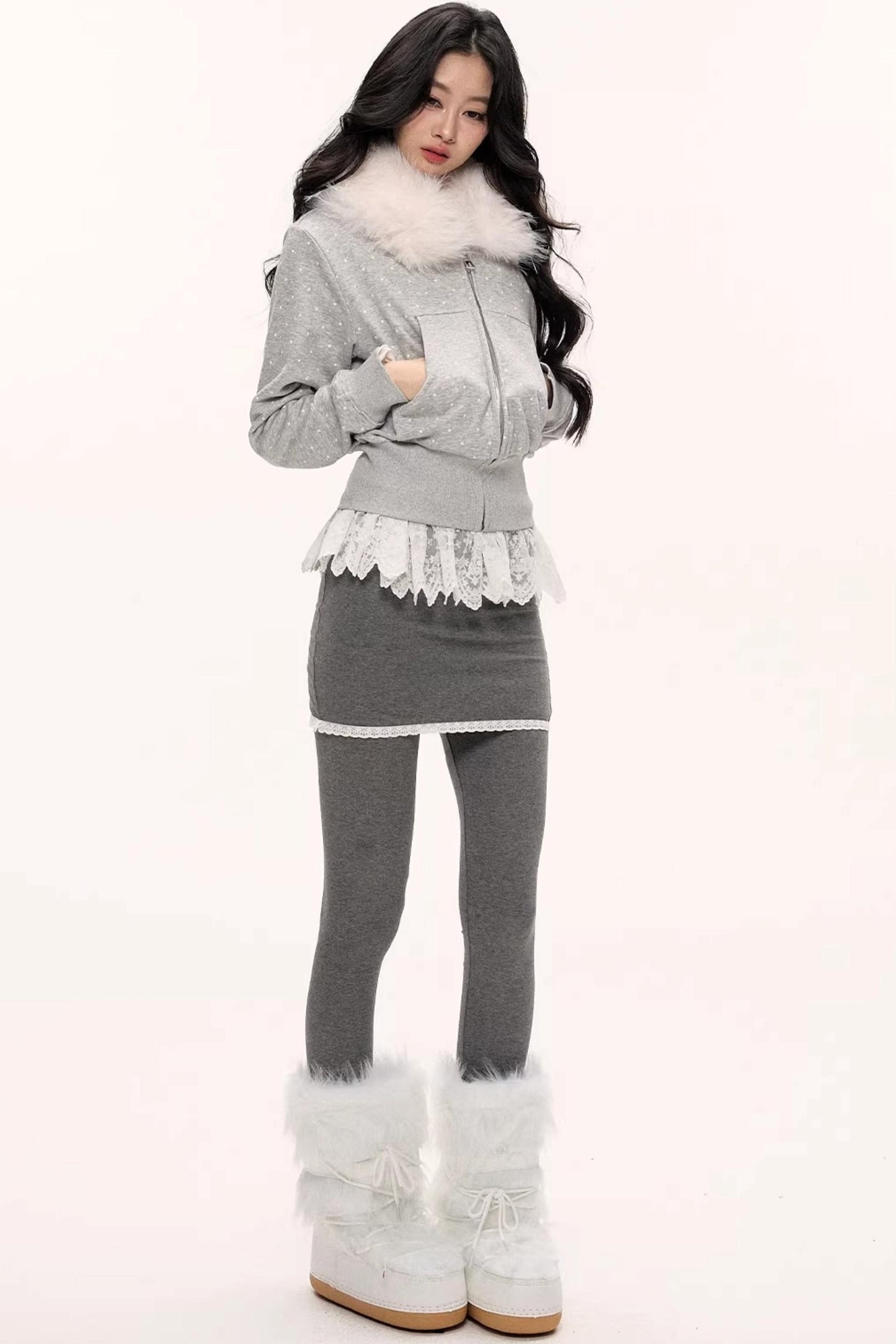 White Fur Collar Polka Dot Jacket