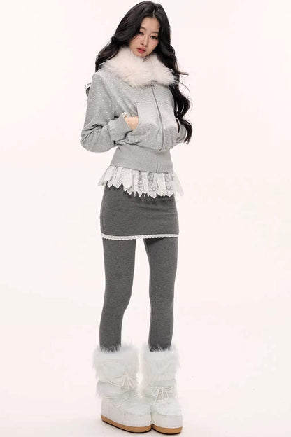 White Fur Collar Polka Dot Jacket