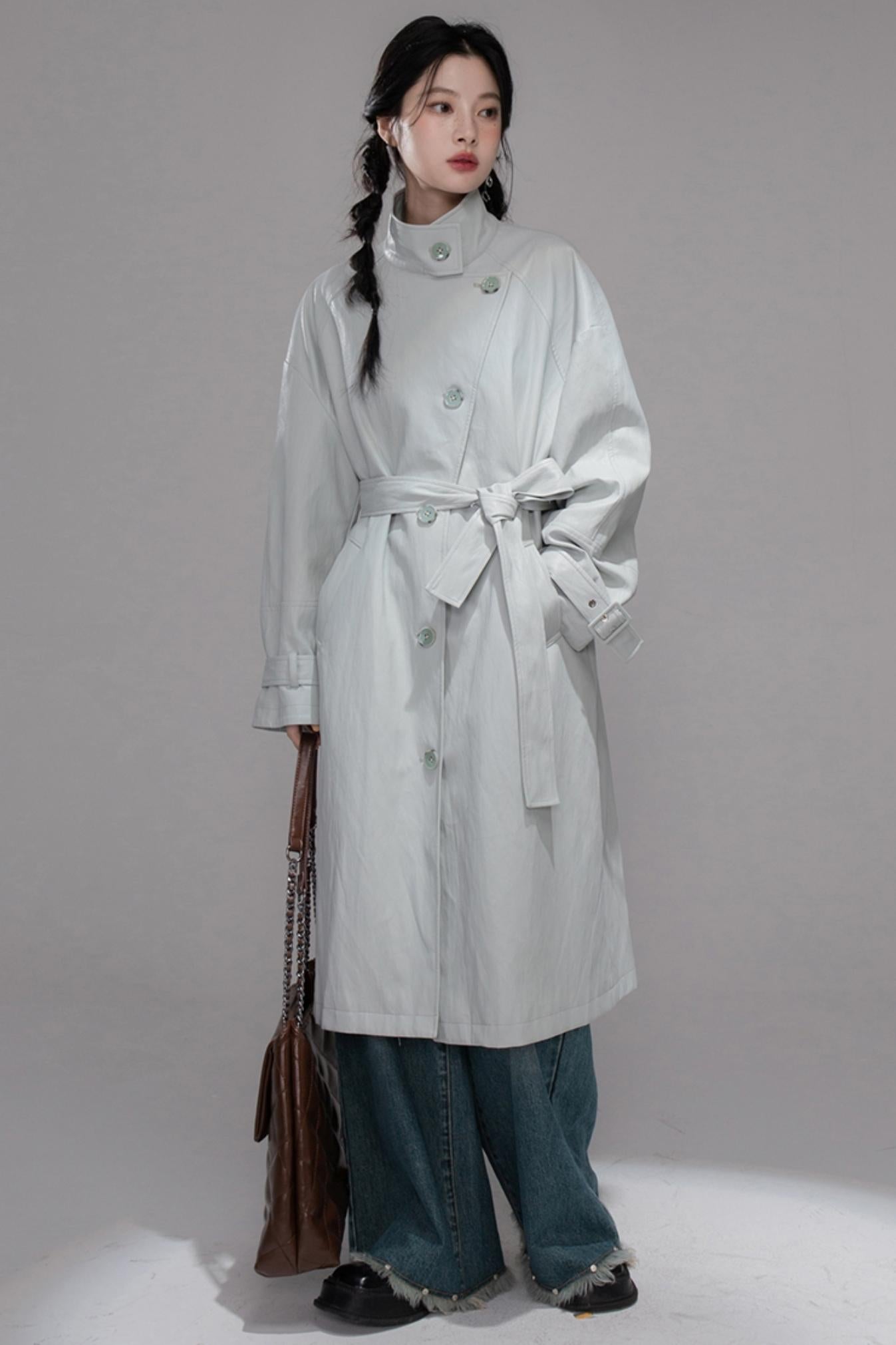 First Gray Leather Trench Coat