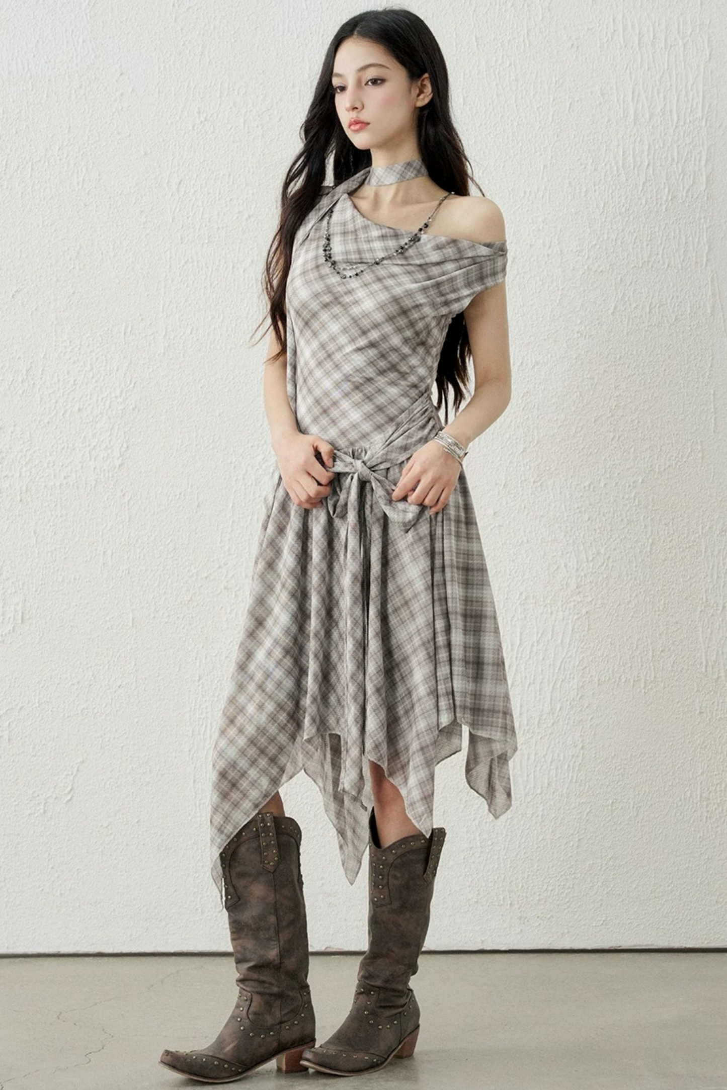 Plaid Irregular-Hem Dress