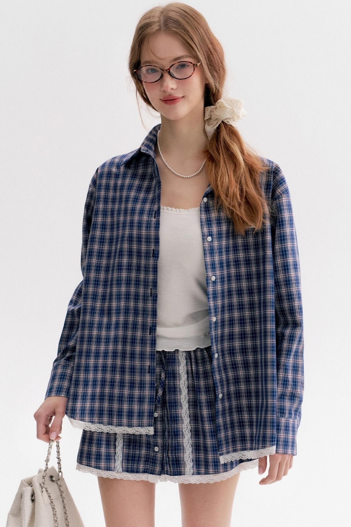 Lace Panel Check Loose Shirt Set-Up