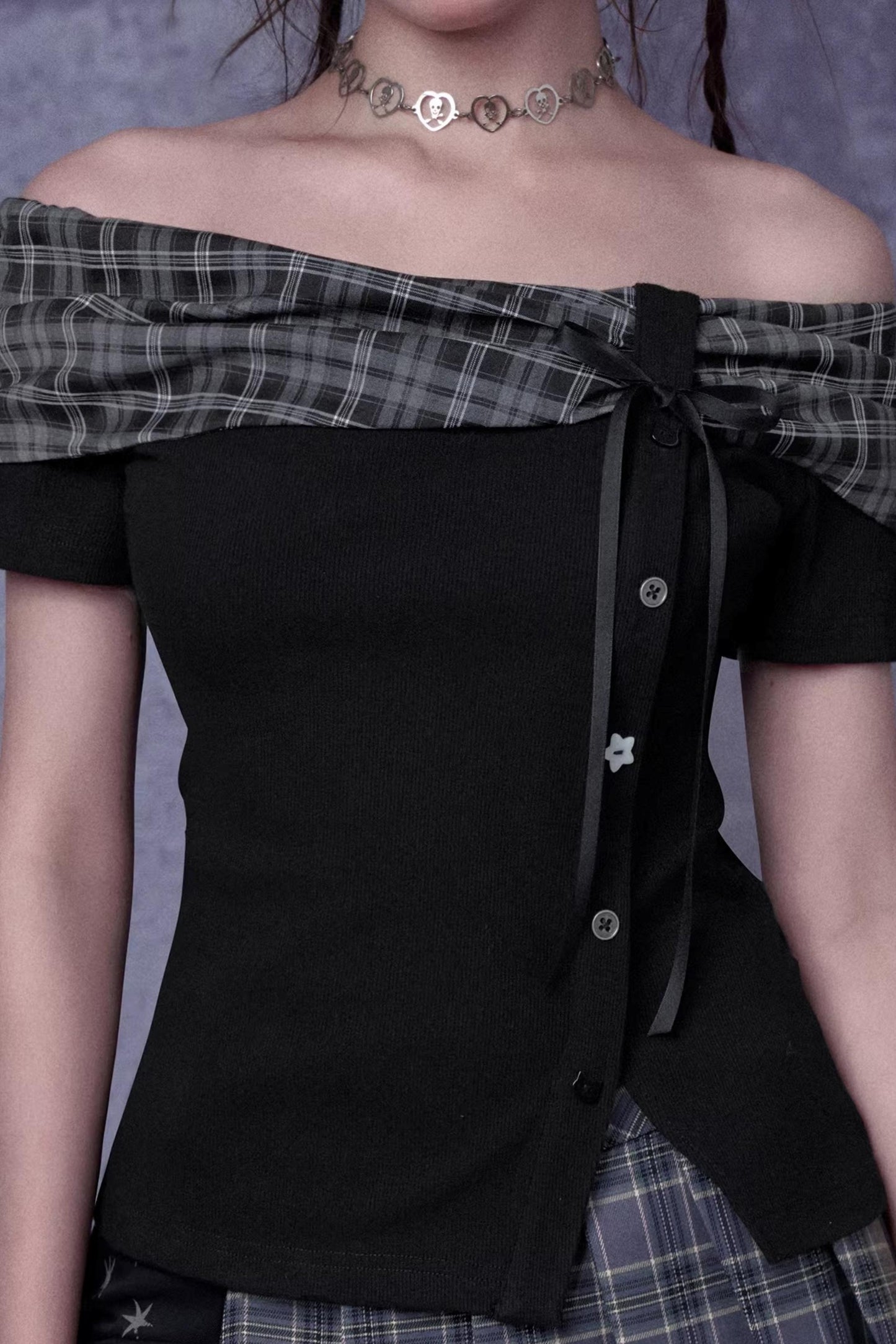 Plaid Bow-Knot One-Shoulder Matching Set