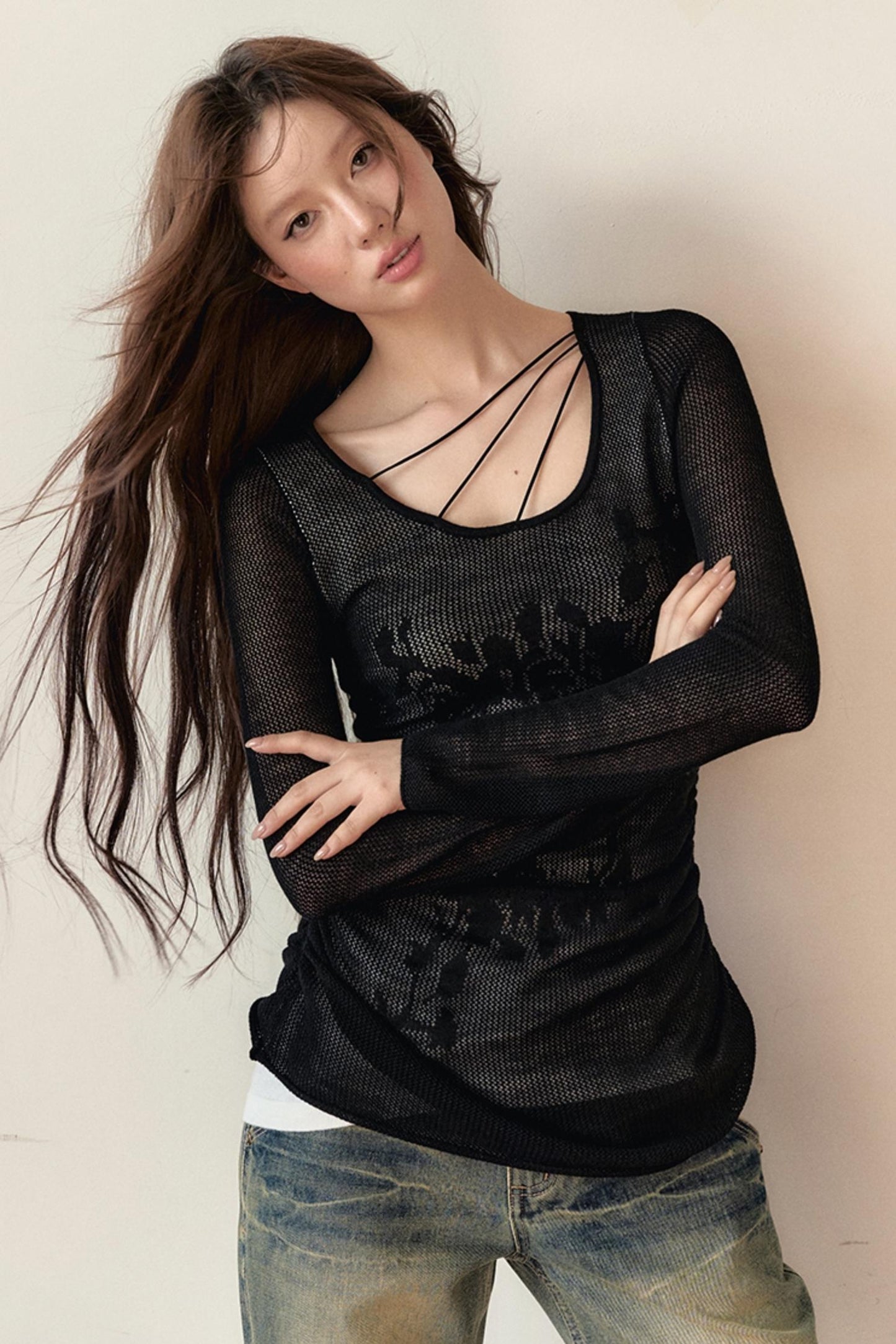 Black Mesh Design Long Sleeve Top