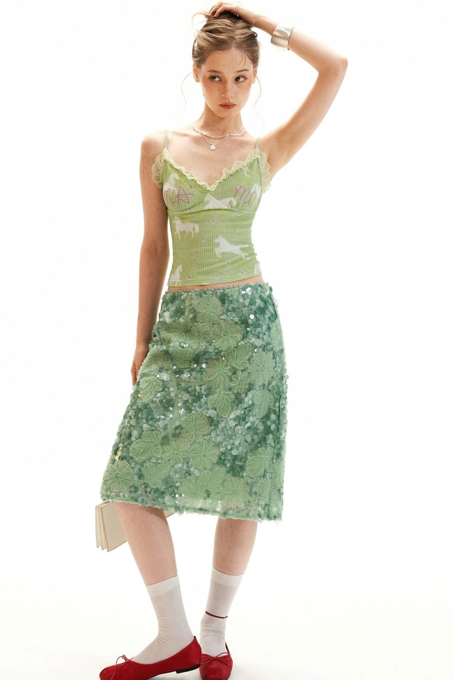 Mint Sequin Embroidered Skirt