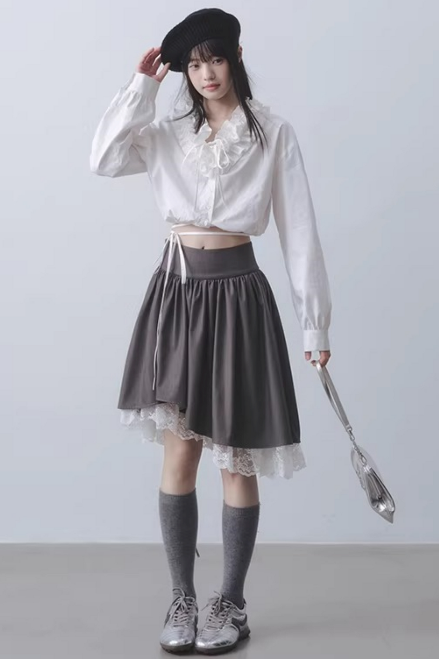 Gray Lace Asymmetrical Skirt