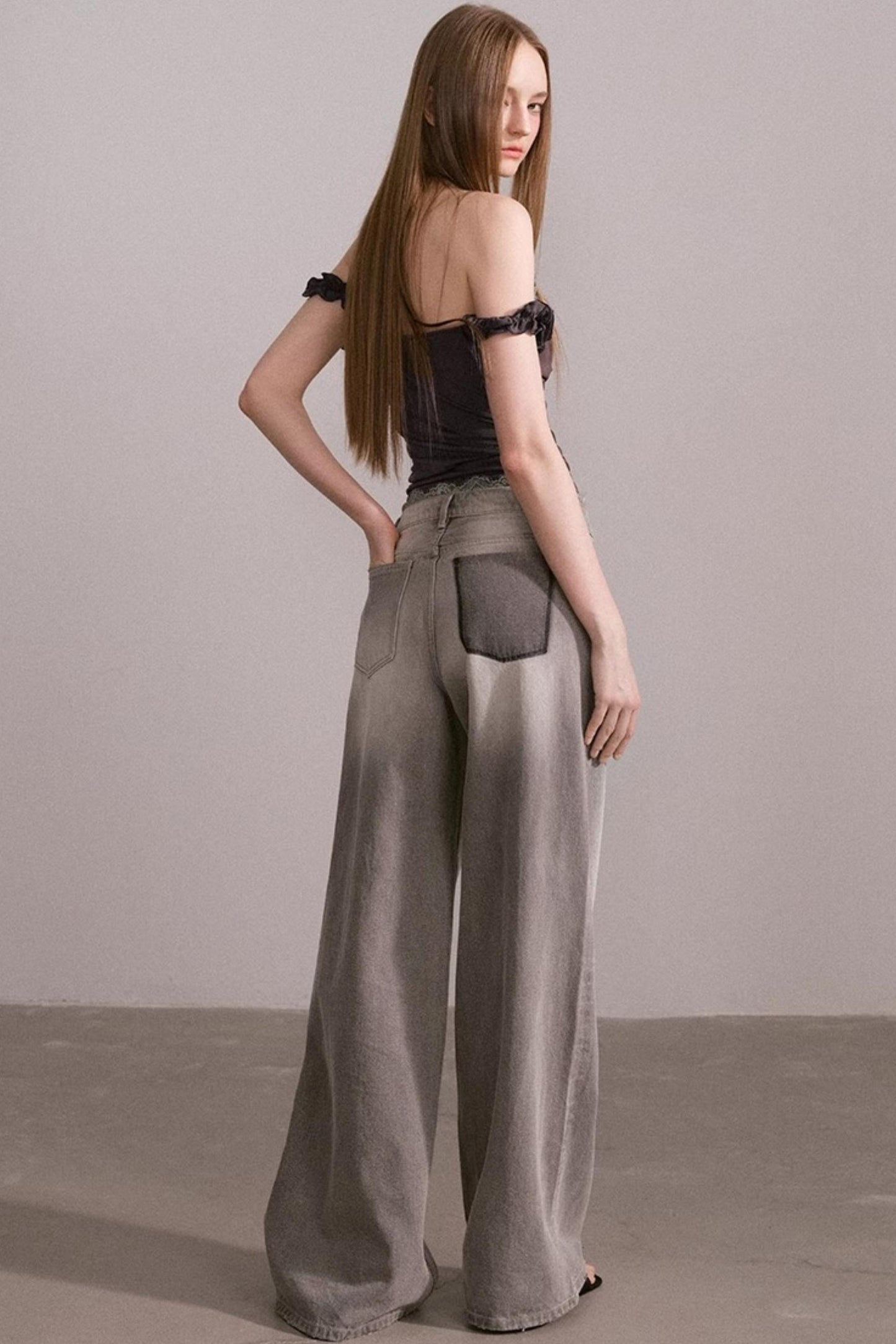 Vintage Lace-Waist Wide-Leg Jeans