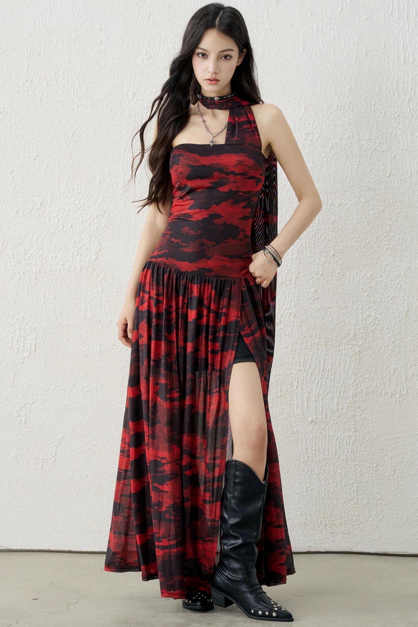 Black and Red Slit Strapless Dress