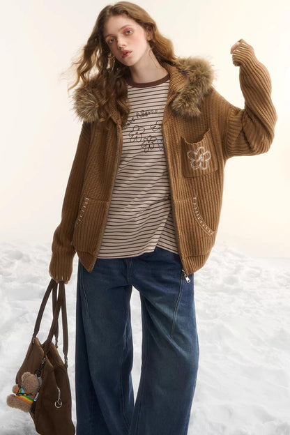 Detachable Fur Hooded Cardigan