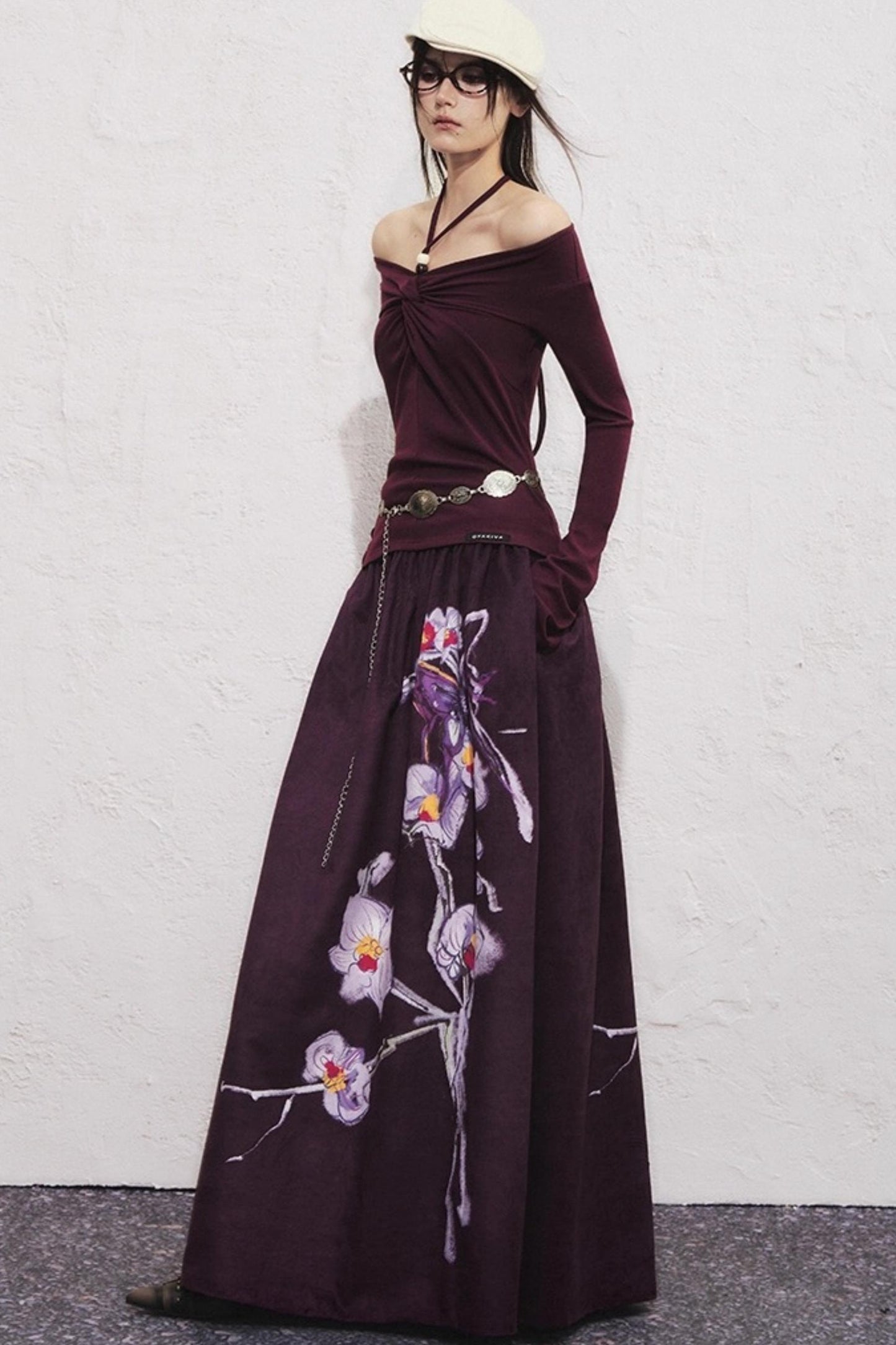 Purple Flower Print Long Skirt