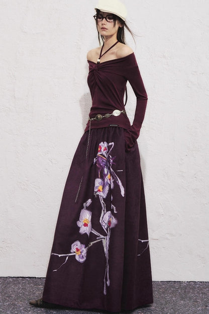 Purple Flower Print Long Skirt