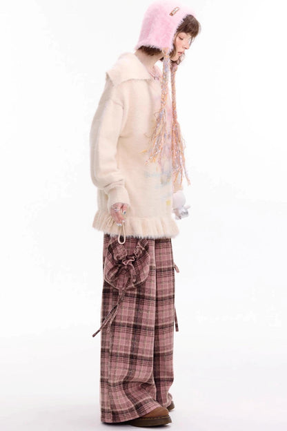 American Pink Plaid Wide-Leg Slacks