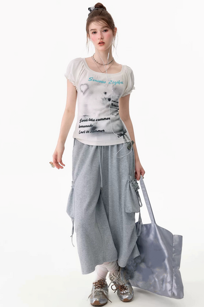 Gray Drawstring Pocket Wide Leg Sweatpants