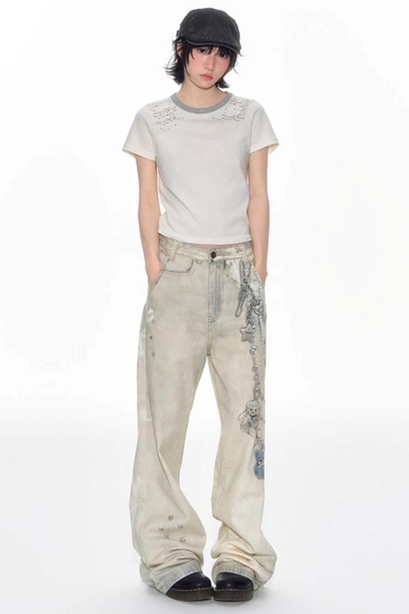 Hand-Painted 3D Printed Womens Wide-Leg Pants