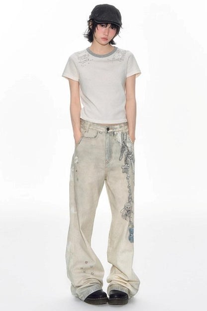 Hand-Painted 3D Printed Womens Wide-Leg Pants