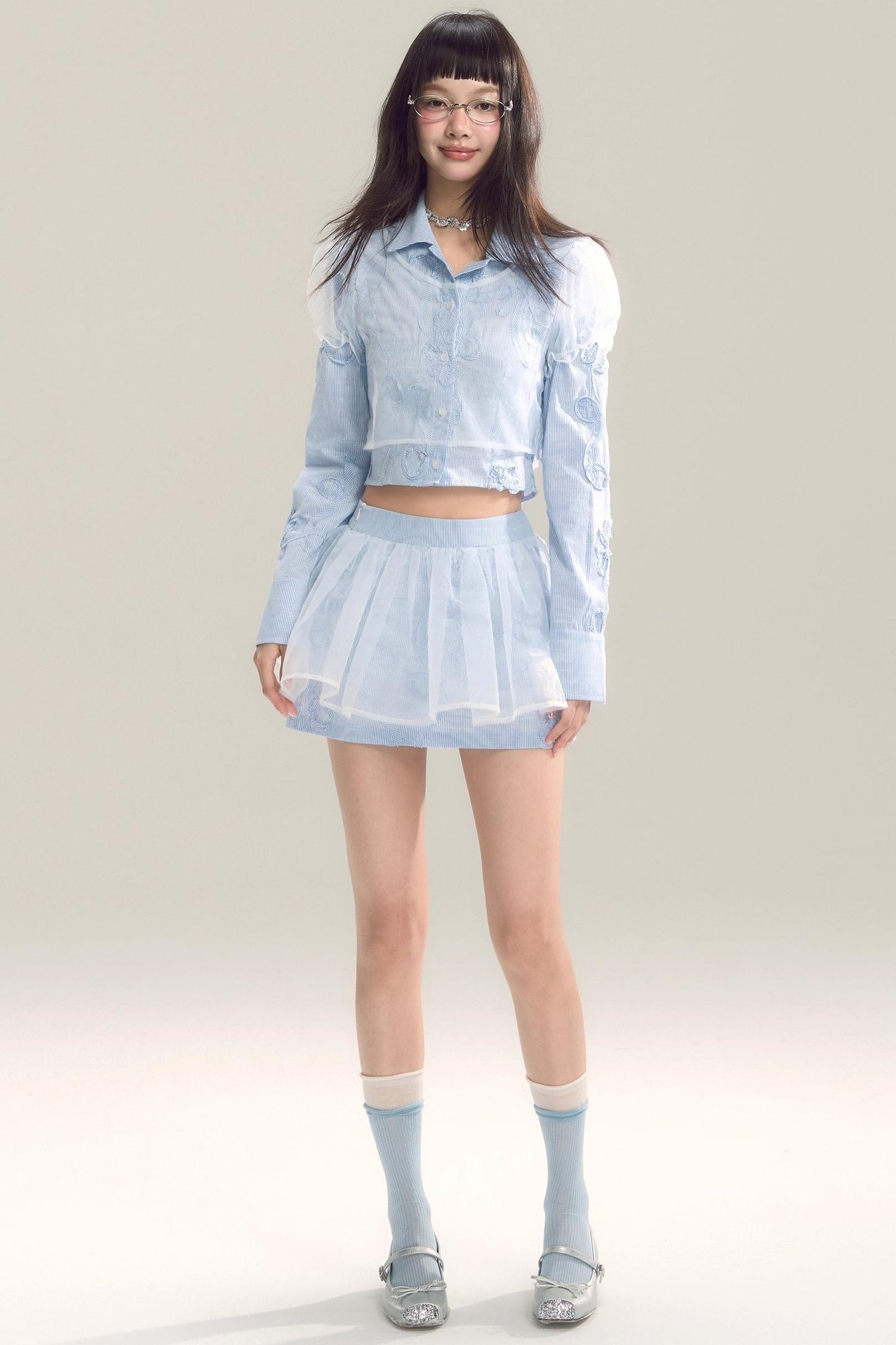Organza Stripe Skirt Shirt Set-Up
