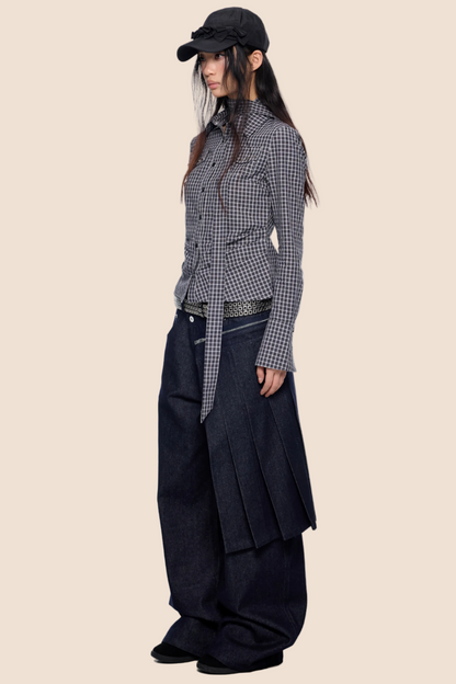 Plaid Lace-Up Bow Blouse